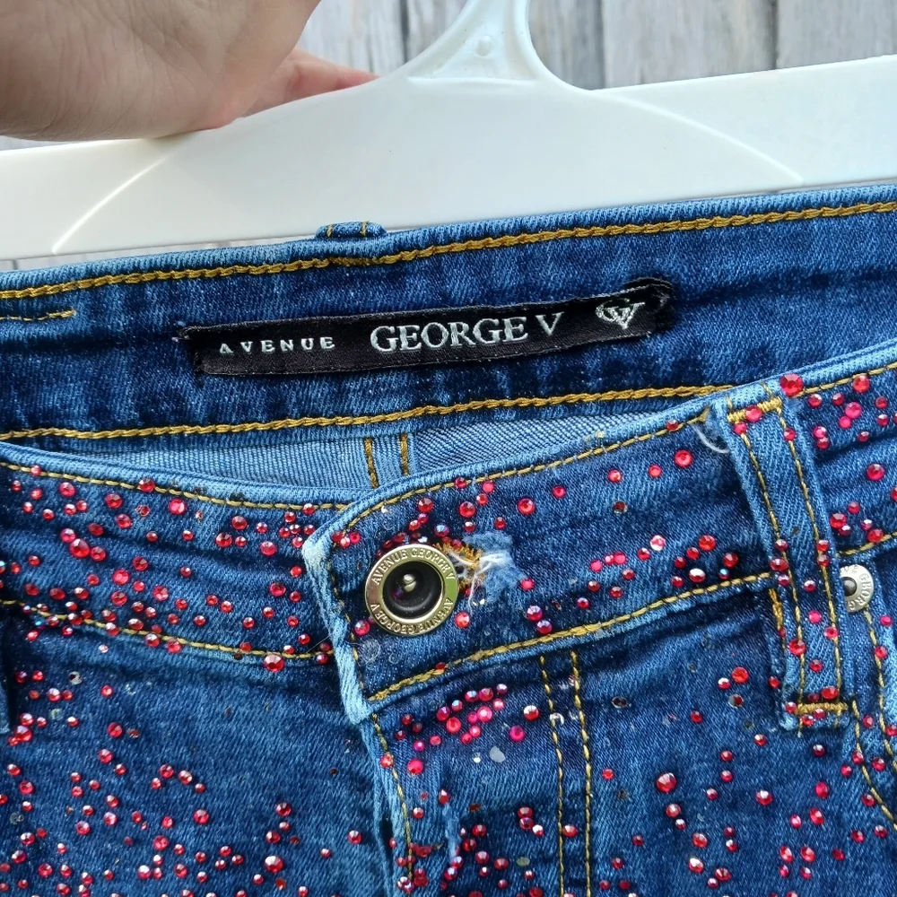Avenue George V  Red‎ Rhinestone Skinny Jeans Mens Sz 32 Button Fly Distressed